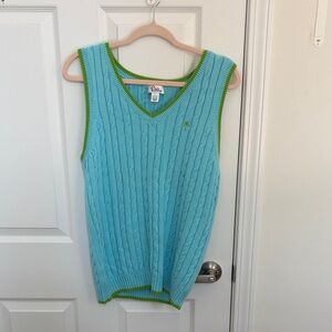 Lilly Pulitzer Women's Cable Knit V-Neck Sweater Vest in Aqua with Green Trim